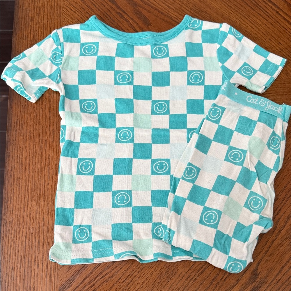 Cat & Jack Kids Pajama Set - Teal and White Checkered Smiley